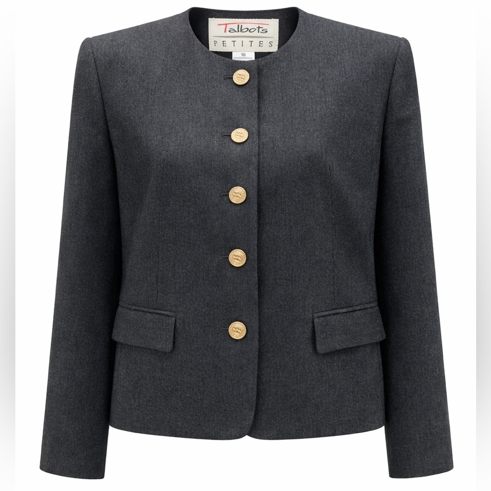Talbots Petites Gray Cropped Wool Blazer Gold Buttons‎ Quiet Luxury Boxy Fit 10P